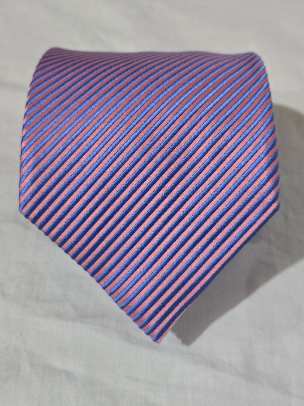 David Donahue Woven in England Made in USA 100% Silk Necktie - Blue Pink Striped